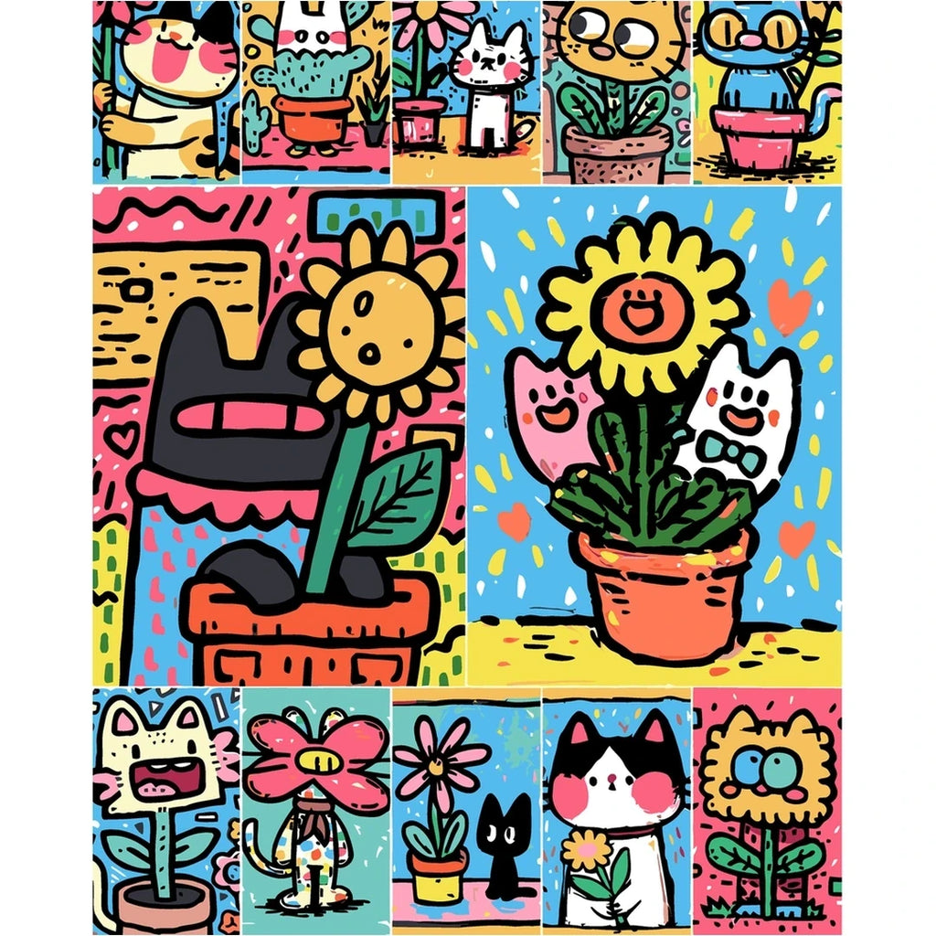 Pop Art Cat Flower Garden original artwork on white background