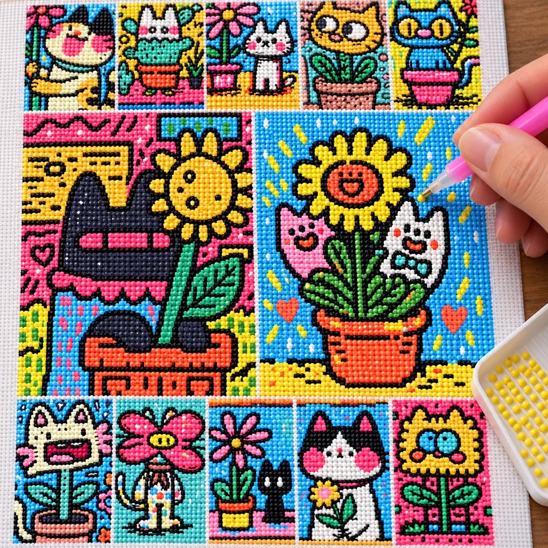 Pop Art Cat Flower Garden diamond placement process