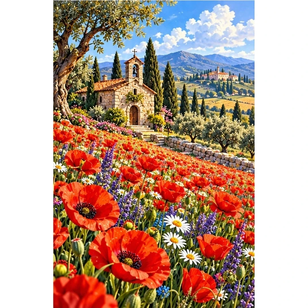 Poppy Field Stone Chapel — original artwork on a clean white background