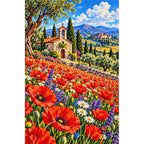 Poppy Field Stone Chapel — finished diamond painting on a white background