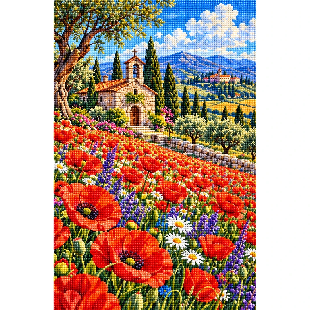 Poppy Field Stone Chapel — finished diamond painting on a white background
