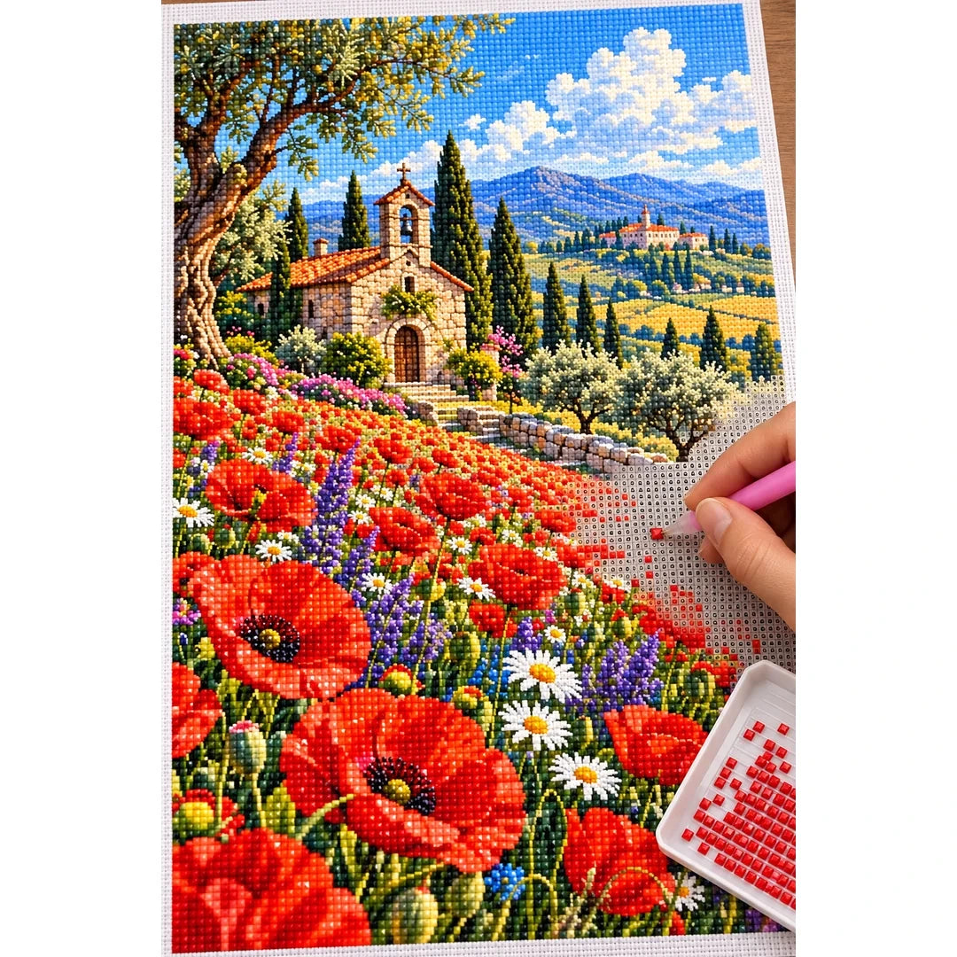 Poppy Field Stone Chapel — diamond painting process with applicator pen