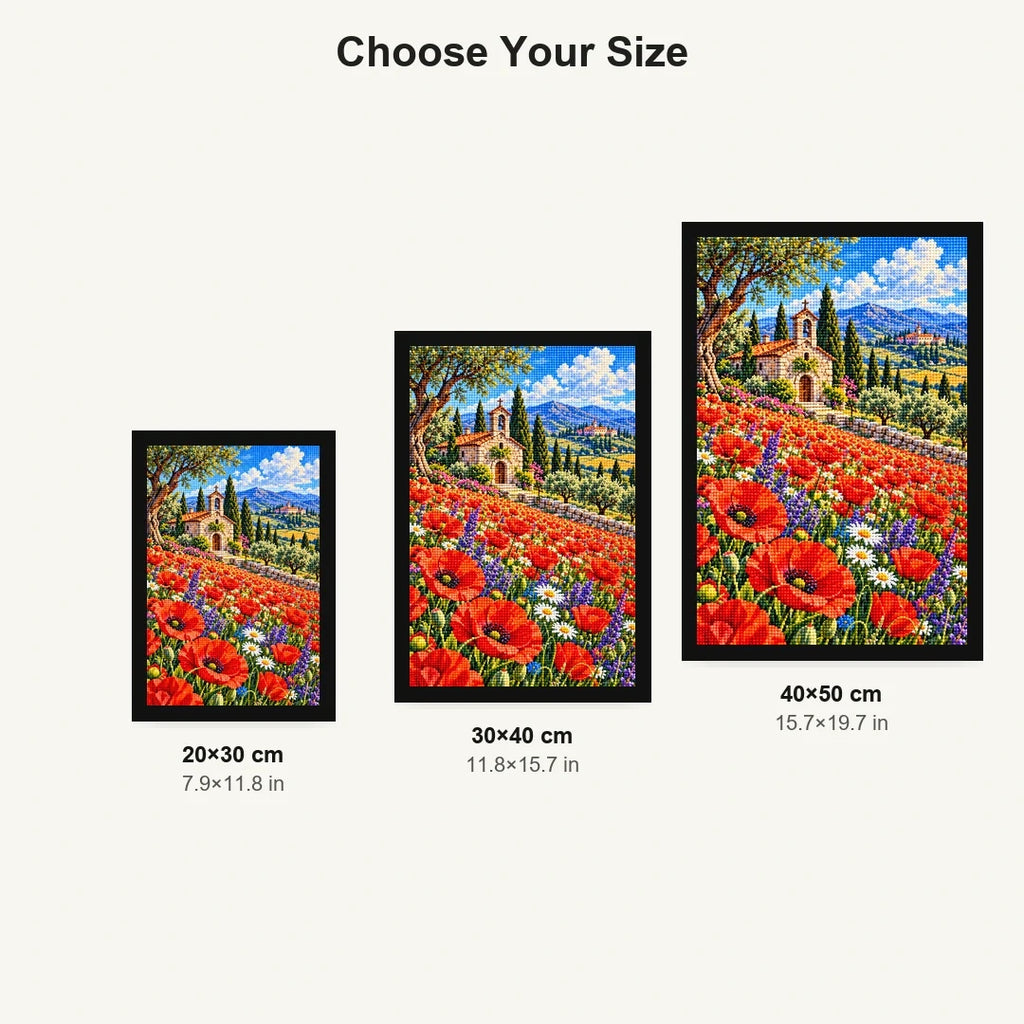 Poppy Field Stone Chapel — size comparison for 20 × 30, 30 × 40 and 40 × 50 cm