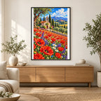 Poppy Field Stone Chapel — finished diamond painting displayed in a home interior