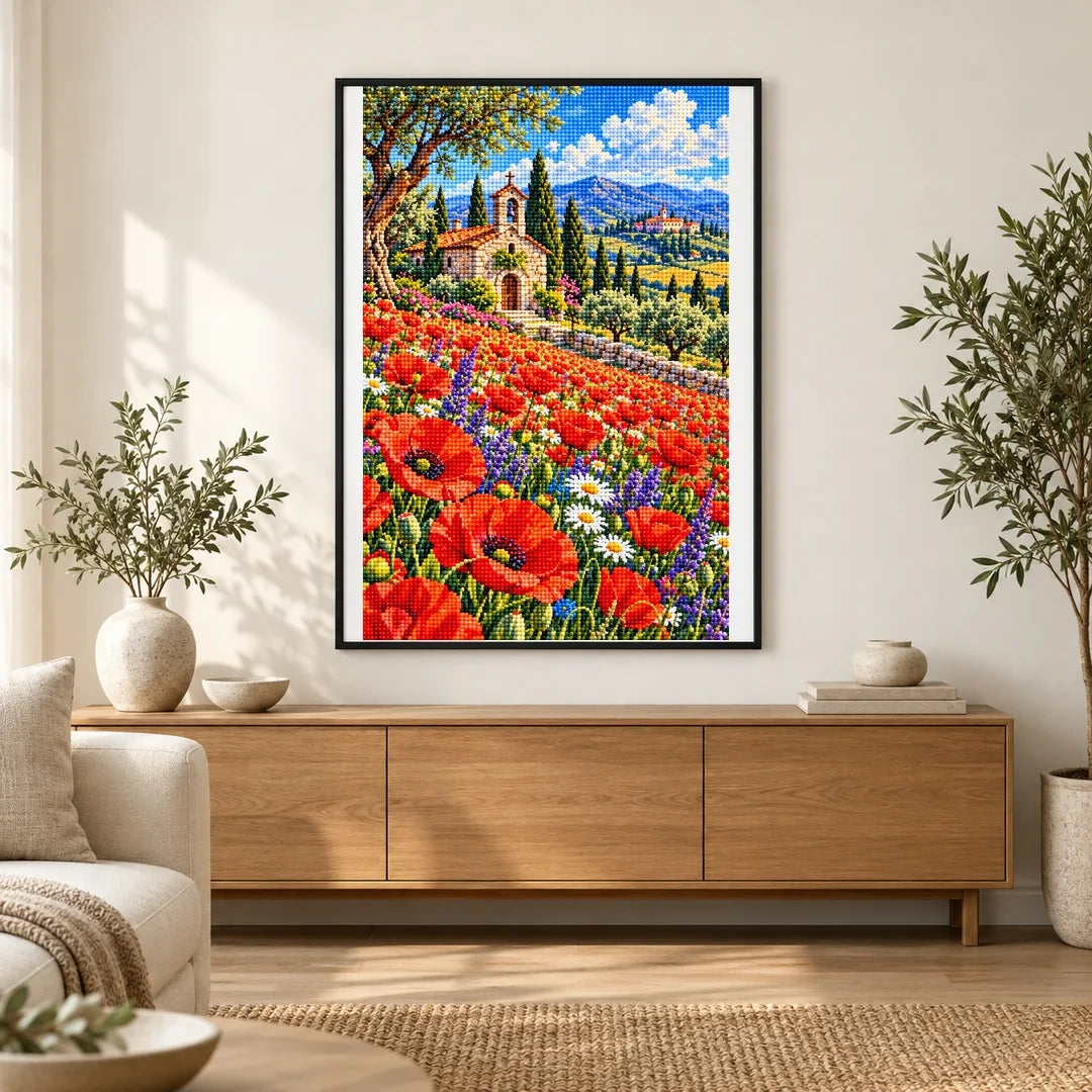 Poppy Field Stone Chapel — finished diamond painting displayed in a home interior