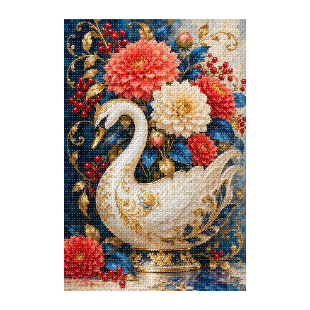Finished white-background diamond painting of Porcelain Swan Vase