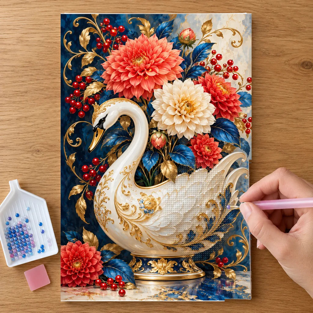 Hands placing drills on the Porcelain Swan Vase diamond painting canvas