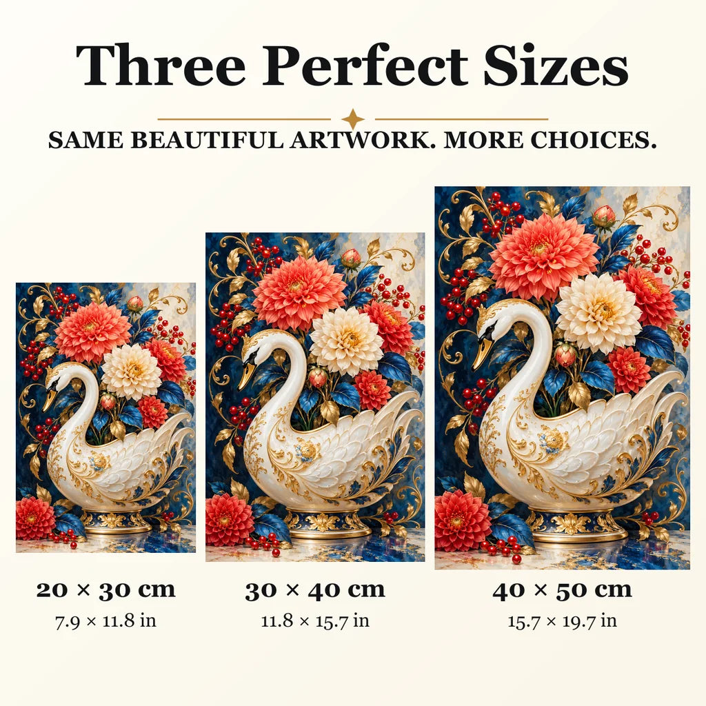 Porcelain Swan Vase diamond painting in 20 by 30, 30 by 40, and 40 by 50 centimeter sizes