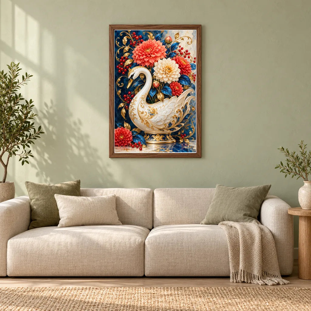 Framed Porcelain Swan Vase diamond painting displayed in a home interior