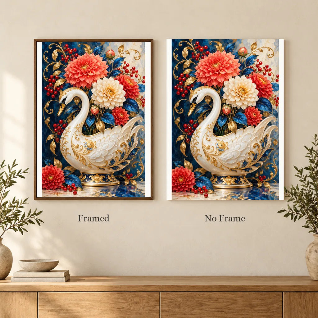 Framed and no-frame options for the Porcelain Swan Vase diamond painting