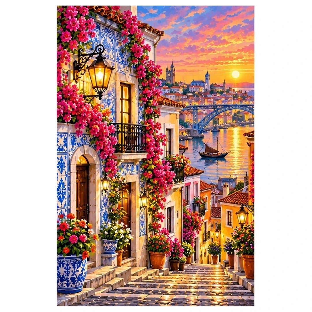 Portuguese Azulejo Street Sunset original artwork on white