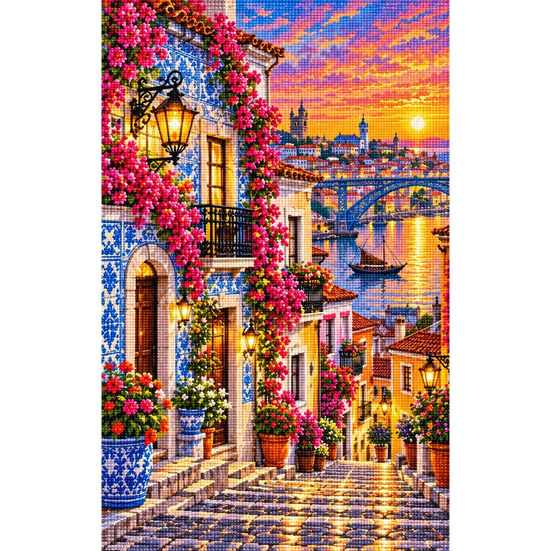 Portuguese Azulejo Street Sunset finished diamond painting on white