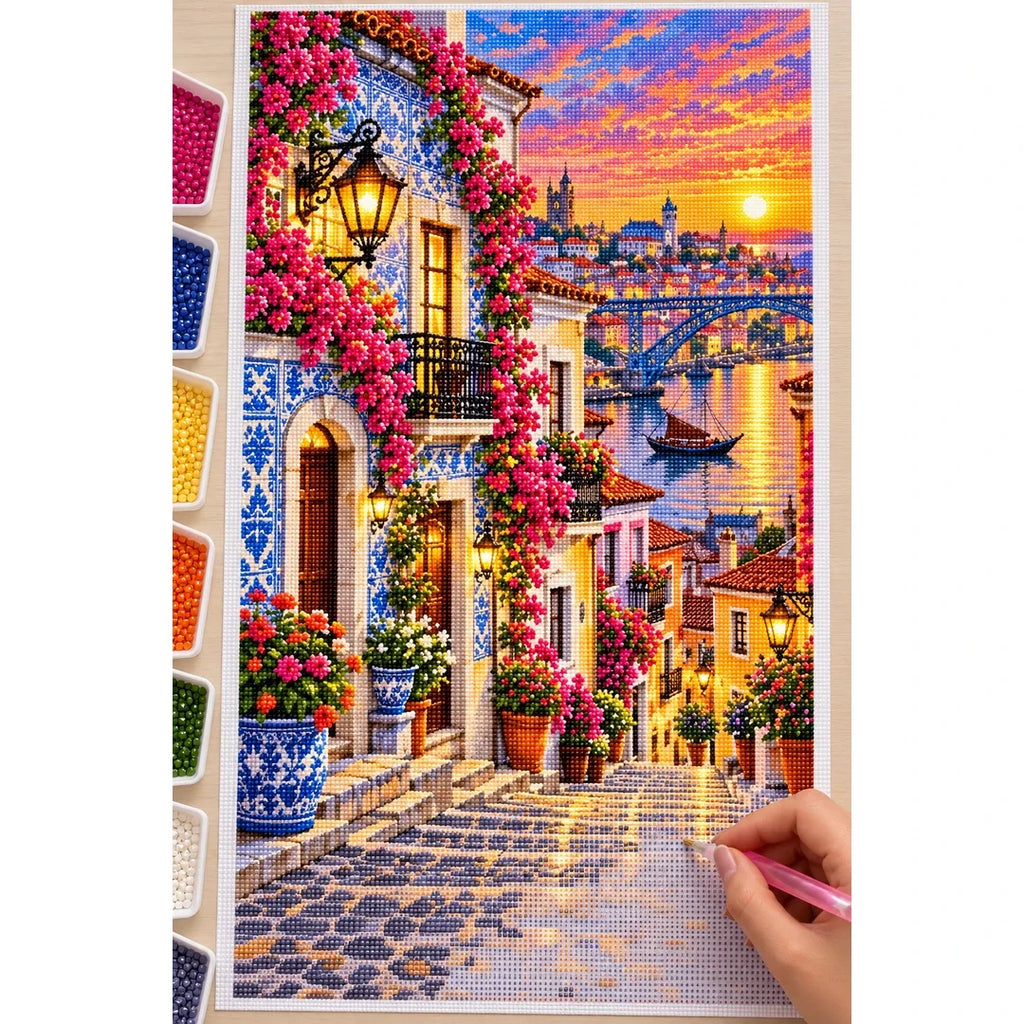 Portuguese Azulejo Street Sunset diamond painting process