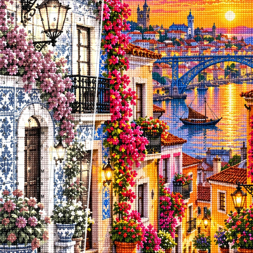 Portuguese Azulejo Street Sunset canvas and resin drill detail
