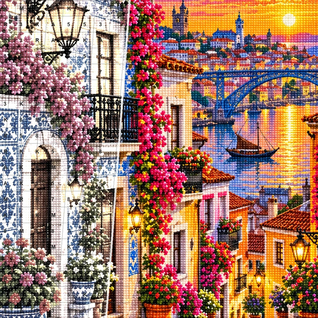 Portuguese Azulejo Street Sunset canvas and resin drill detail