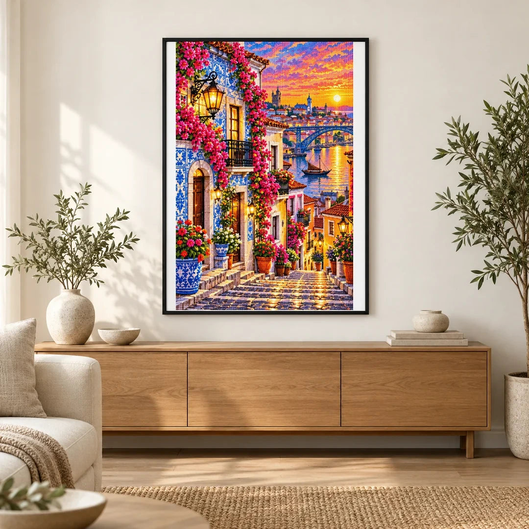 Portuguese Azulejo Street Sunset finished artwork in home décor