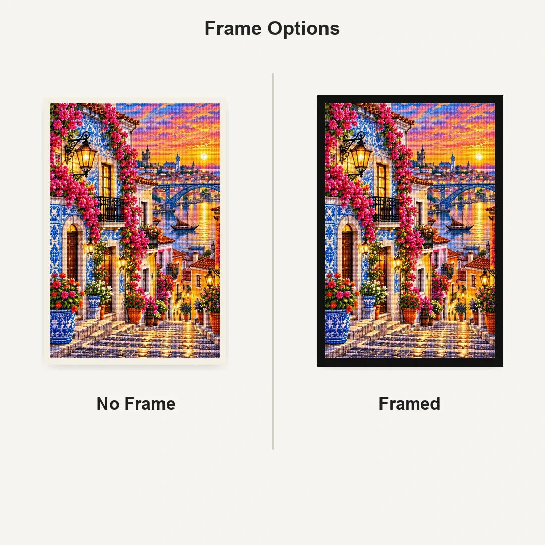 Portuguese Azulejo Street Sunset No Frame and Framed comparison