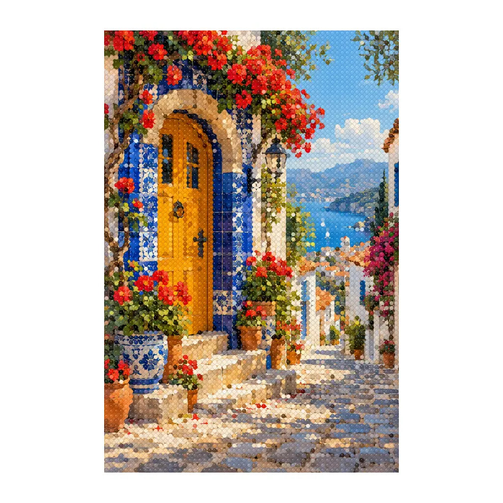 White-background finished diamond painting of portuguese tile doorway