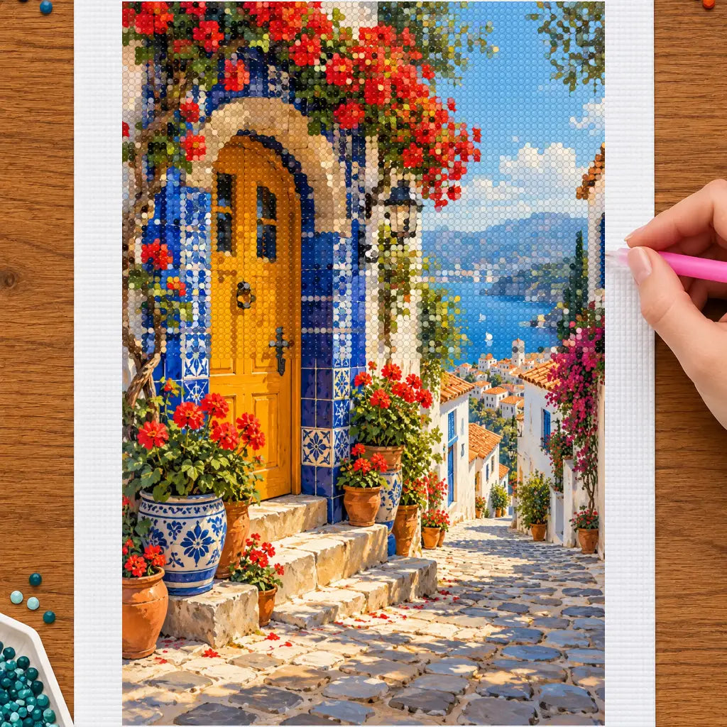 Hands placing drills on the portuguese tile doorway diamond painting canvas