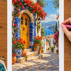 Hands placing drills on the portuguese tile doorway diamond painting canvas