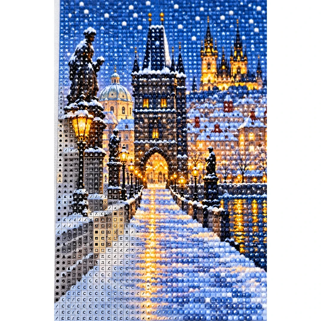 Prague Snowy Charles Bridge diamond and canvas detail