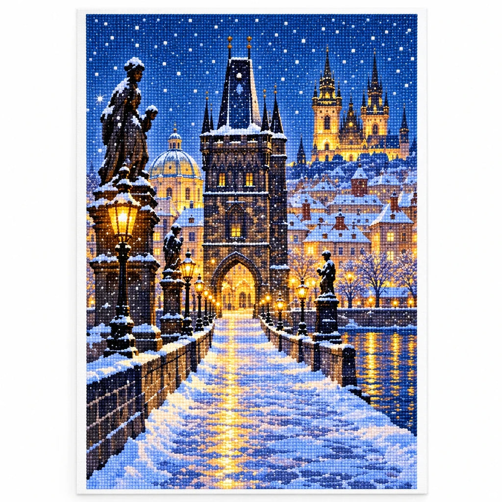 Prague Snowy Charles Bridge finished diamond artwork on white background