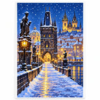 Prague Snowy Charles Bridge finished diamond artwork on white background