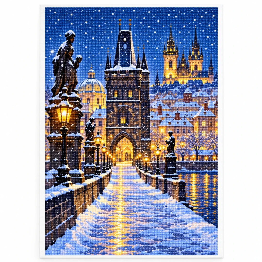 Prague Snowy Charles Bridge finished diamond artwork on white background