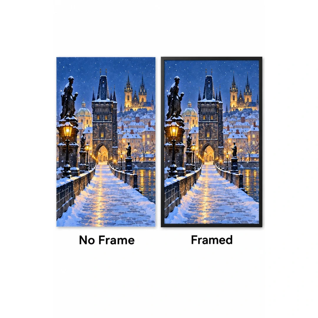 Prague Snowy Charles Bridge No Frame and Framed comparison