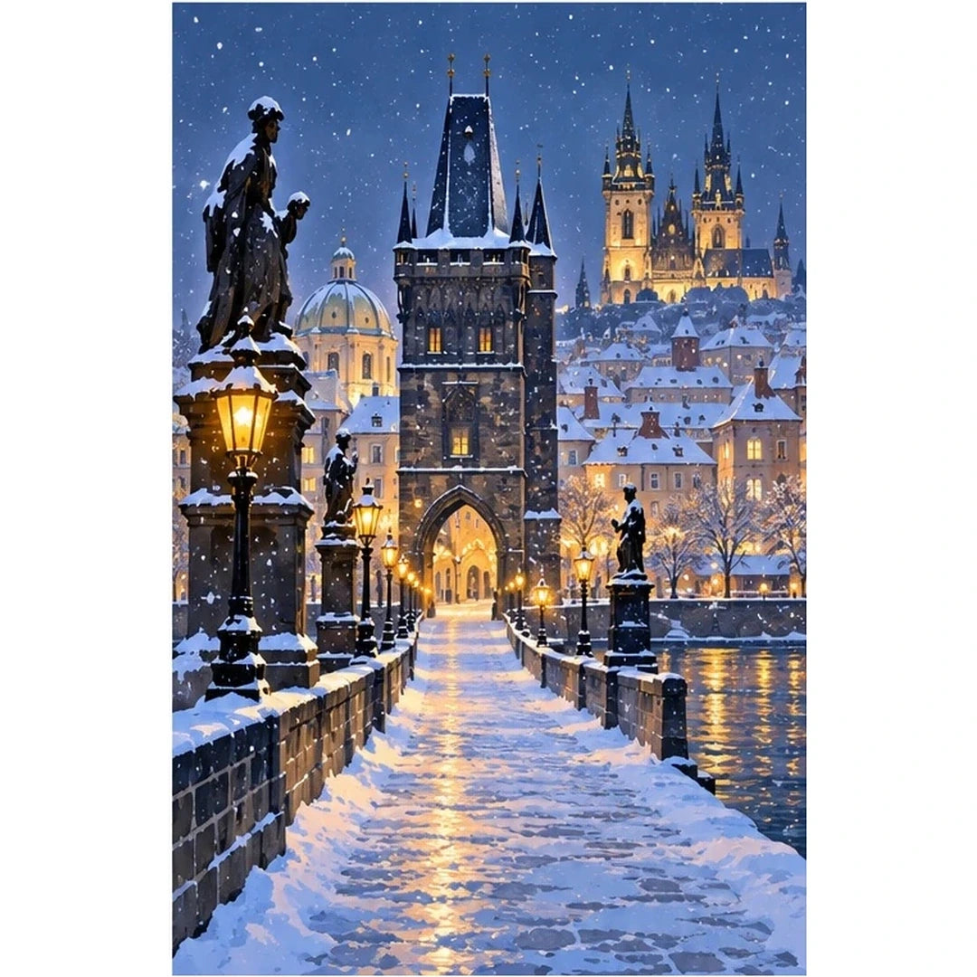 Prague Snowy Charles Bridge original artwork on white background