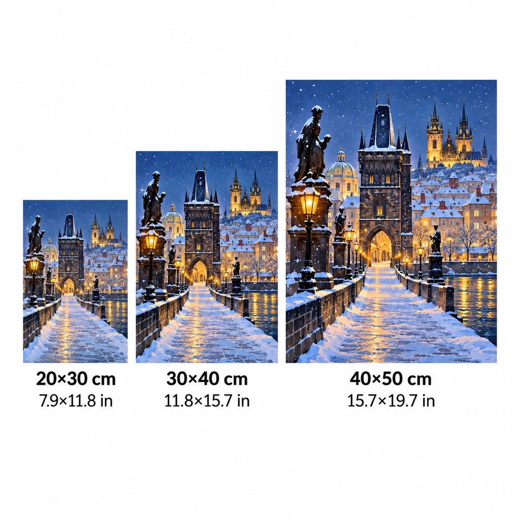 Prague Snowy Charles Bridge size guide