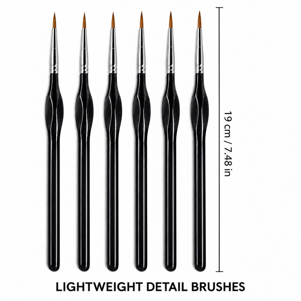 Six black precision detail brushes measuring 19 cm