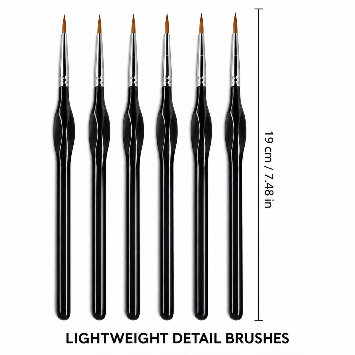 Six black precision detail brushes measuring 19 cm