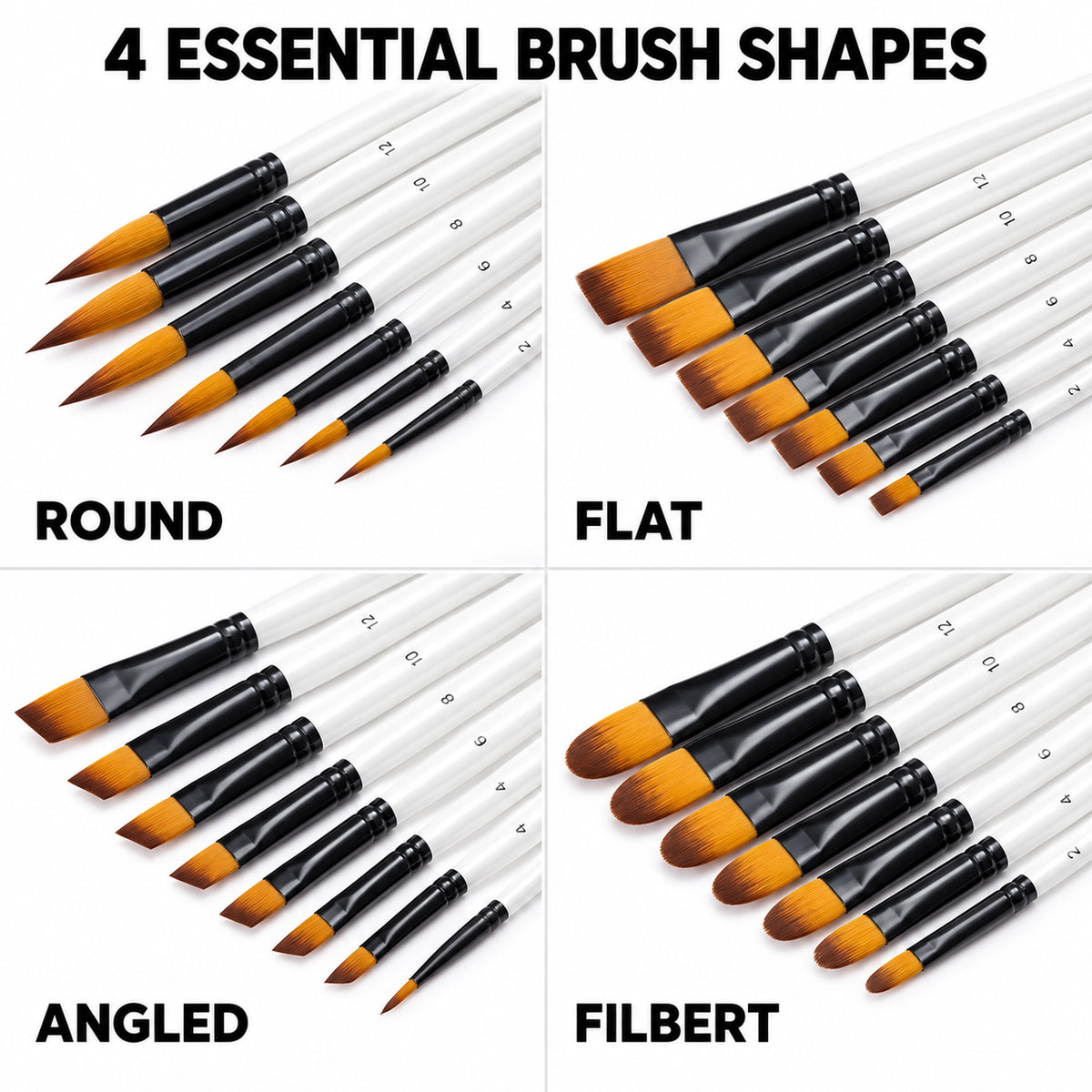 Round flat angled and filbert brush shapes