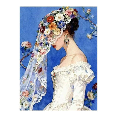 White-background original artwork of a bride shown in profile beneath a floral veil