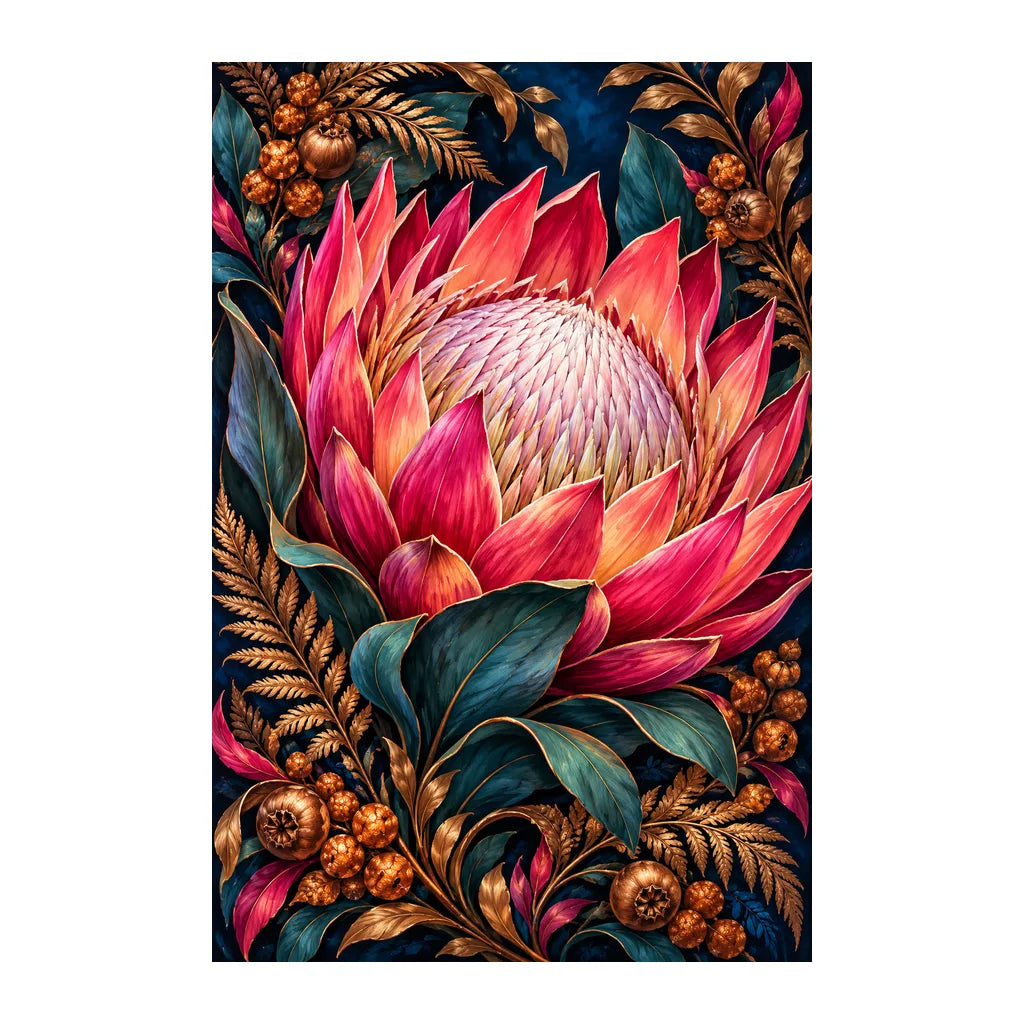 Original white-background artwork of Protea Bronze Fern Frame