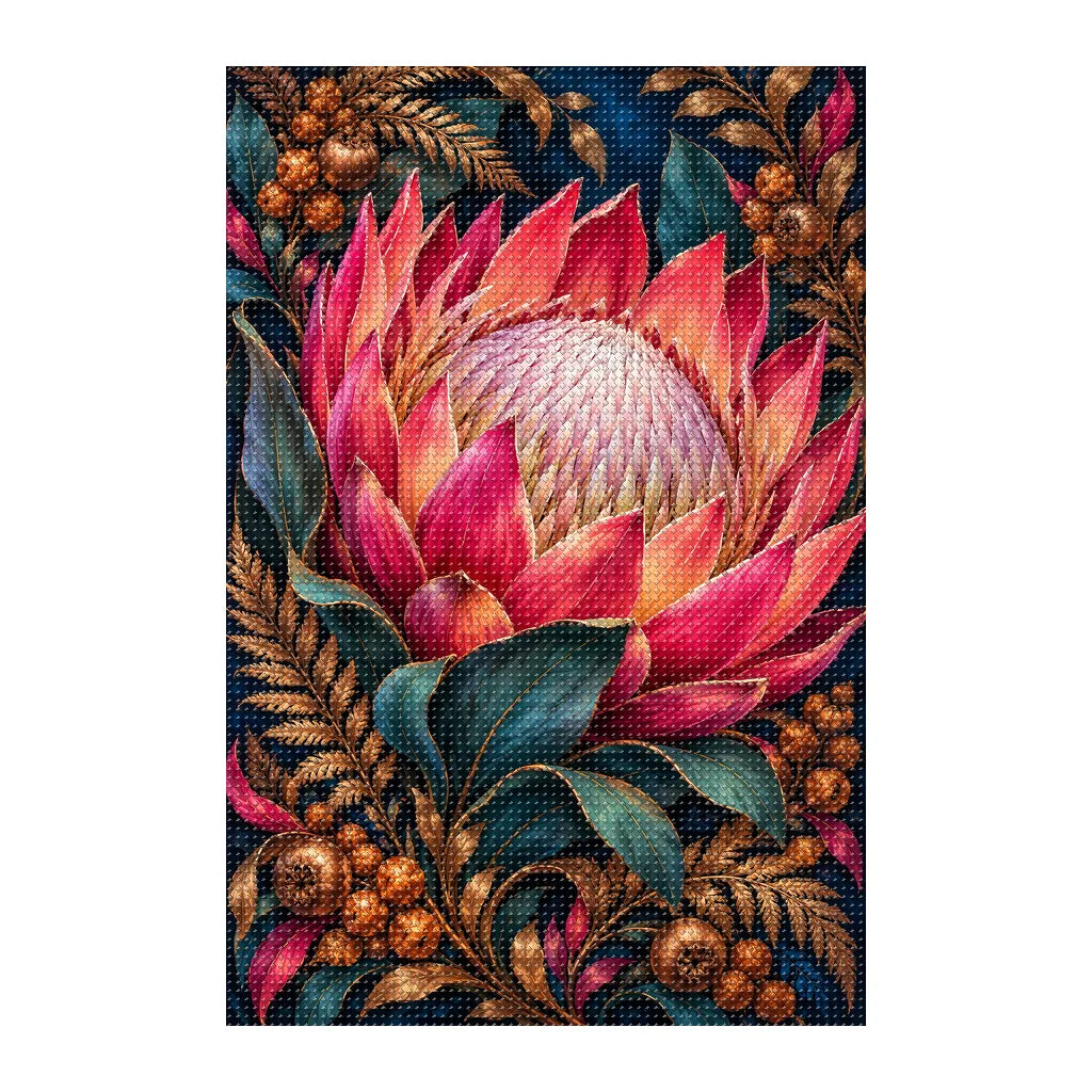 Finished white-background diamond painting of Protea Bronze Fern Frame
