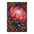 Finished white-background diamond painting of Protea Bronze Fern Frame