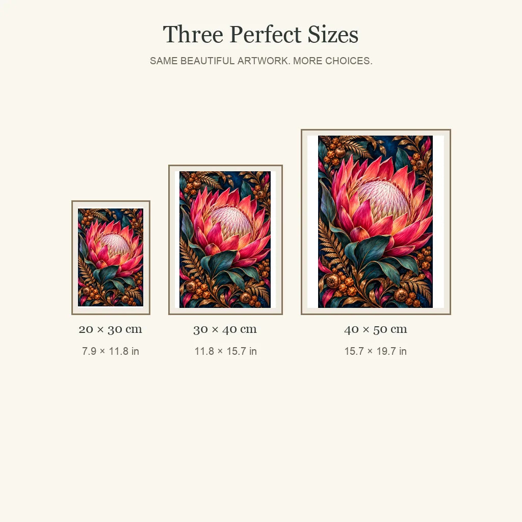 Protea Bronze Fern Frame diamond painting in 20 by 30, 30 by 40, and 40 by 50 centimeter sizes