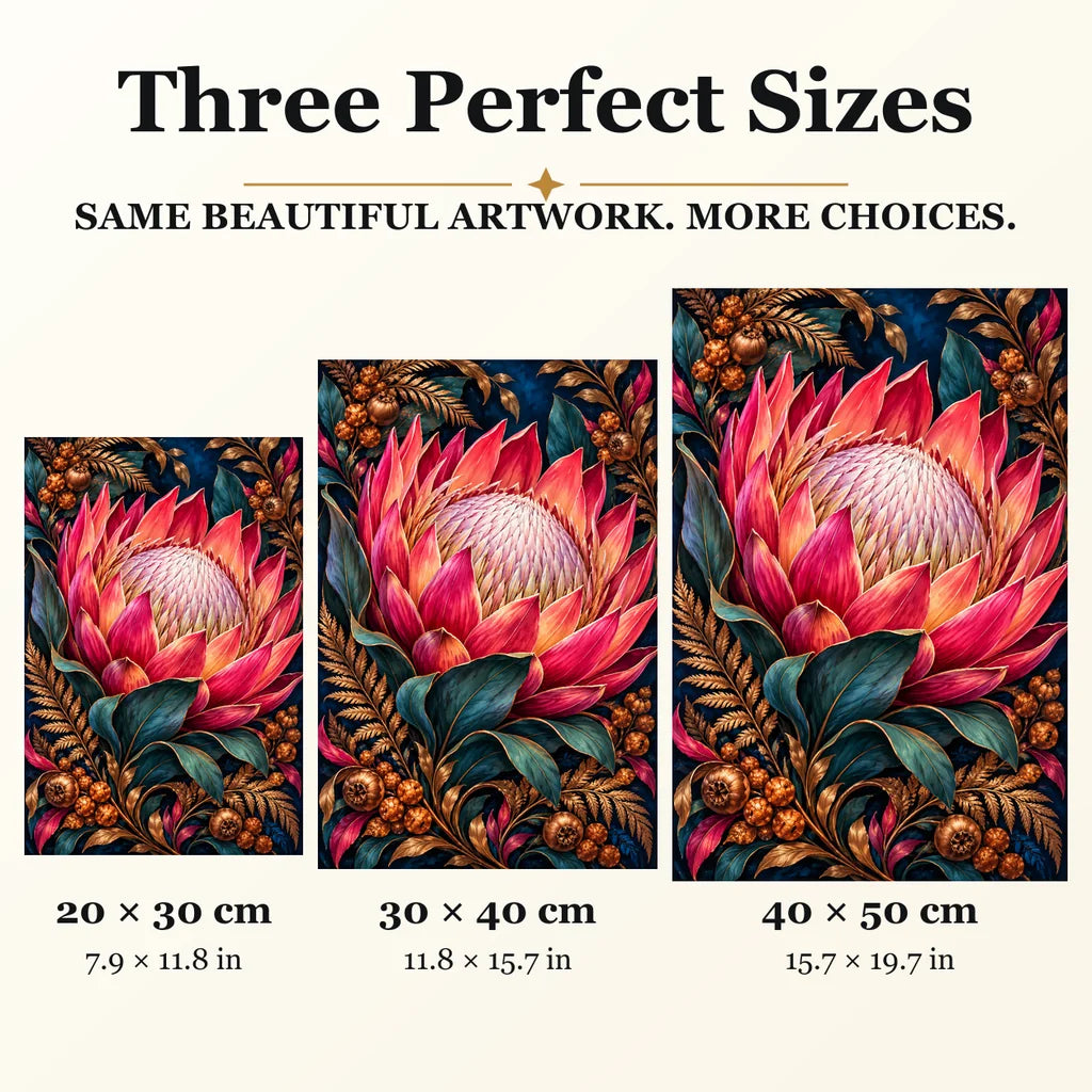 Protea Bronze Fern Frame diamond painting in 20 by 30, 30 by 40, and 40 by 50 centimeter sizes