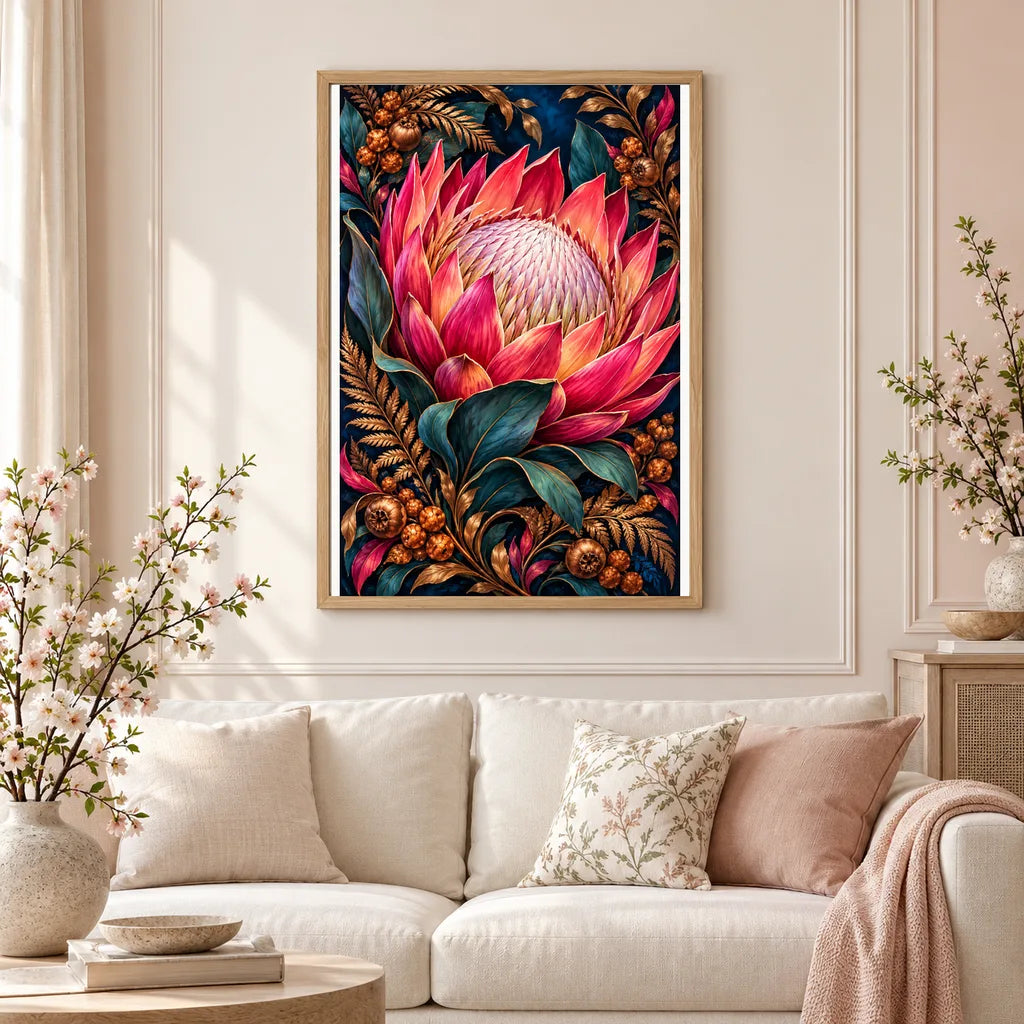 Framed Protea Bronze Fern Frame diamond painting displayed in a home interior