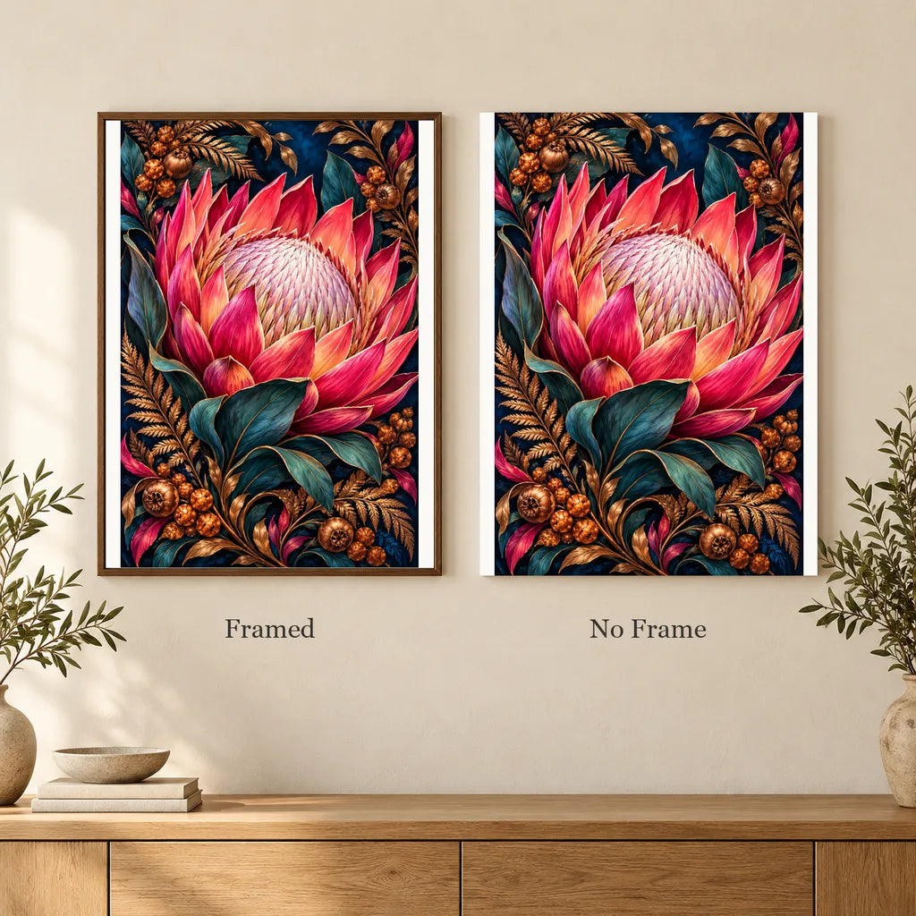 Framed and no-frame options for the Protea Bronze Fern Frame diamond painting