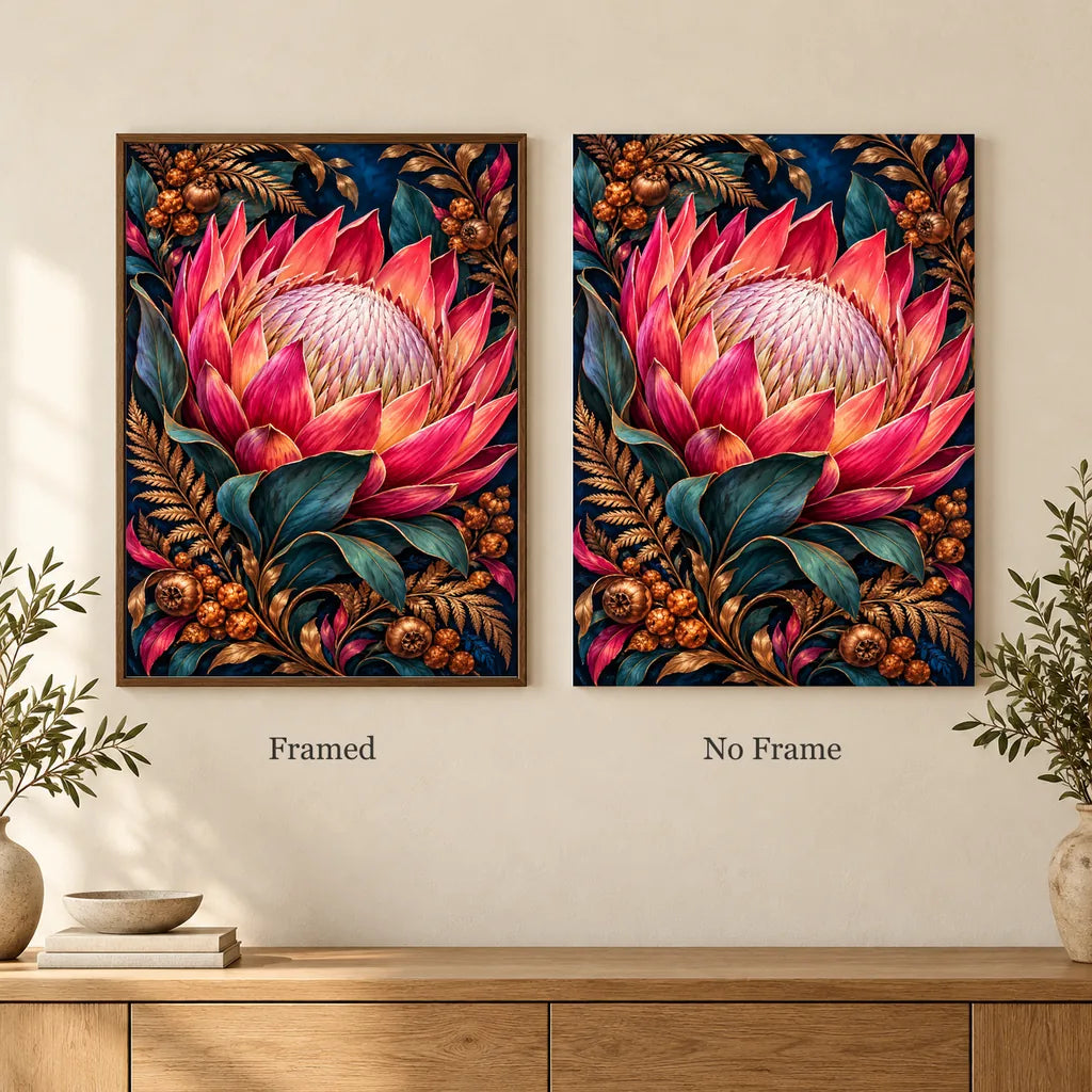 Framed and no-frame options for the Protea Bronze Fern Frame diamond painting