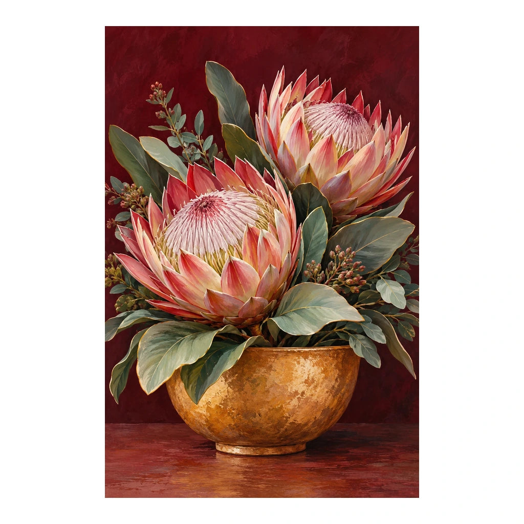Original artwork for Proteas in an Ochre Vase Diamond Painting Kit on a white background