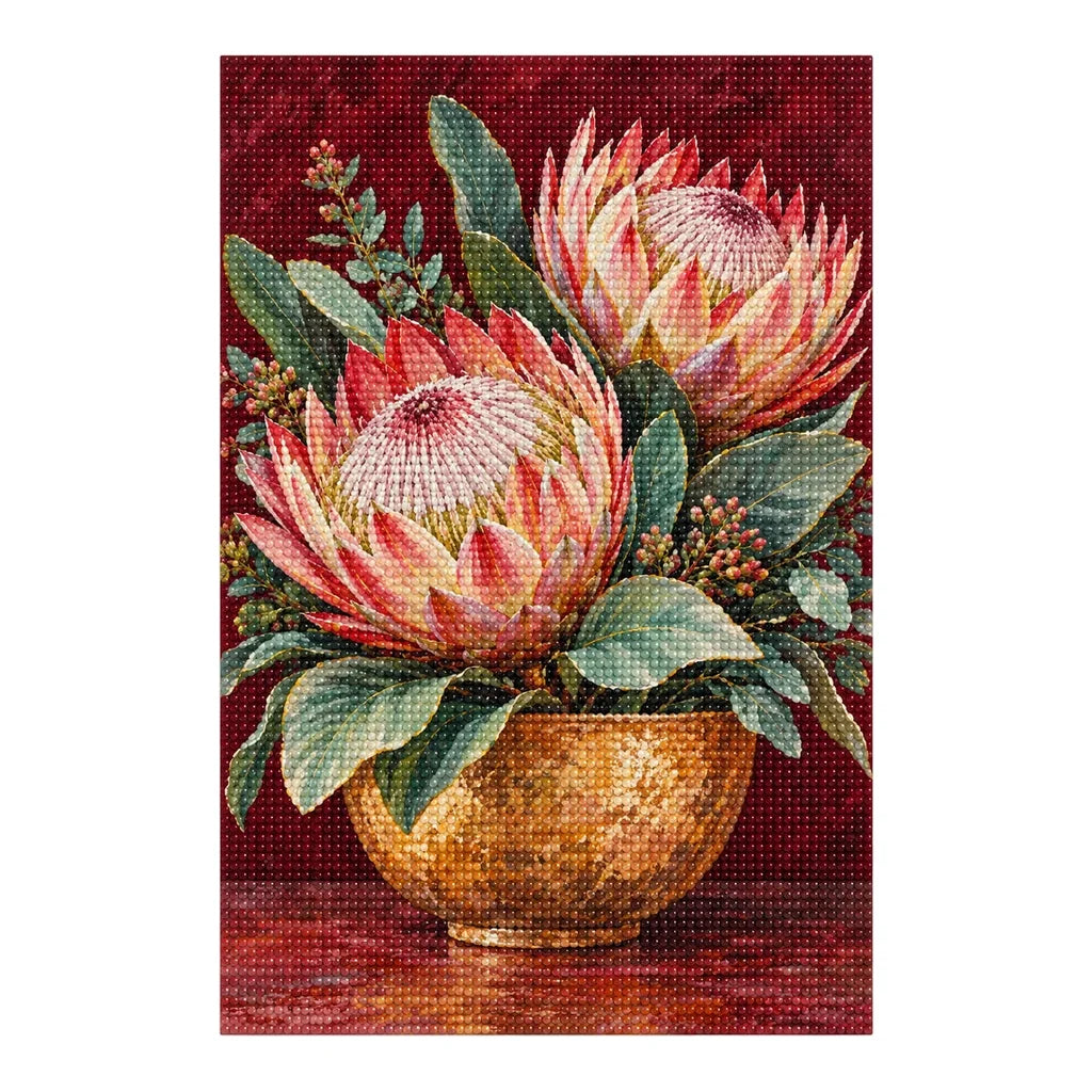 Completed diamond painting for Proteas in an Ochre Vase Diamond Painting Kit on a white background