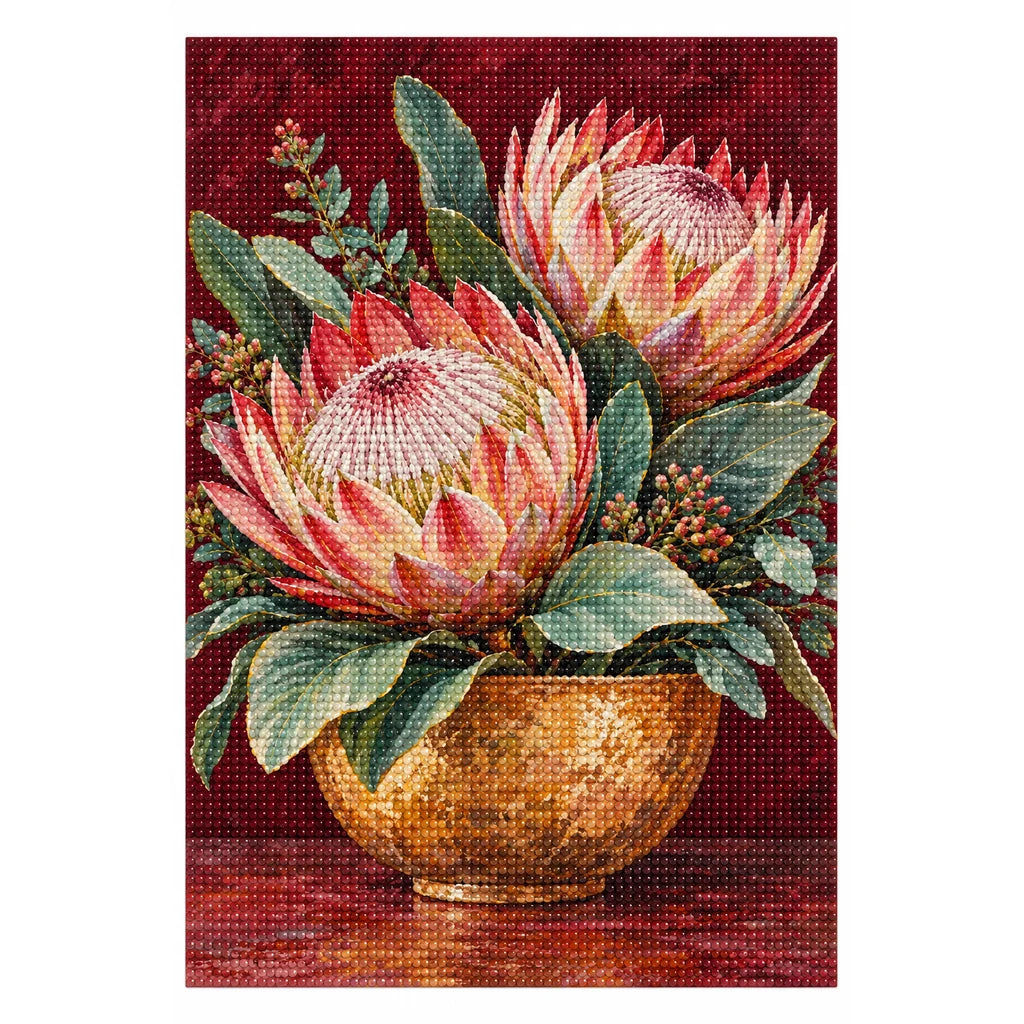 Completed diamond painting for Proteas in an Ochre Vase Diamond Painting Kit on a white background