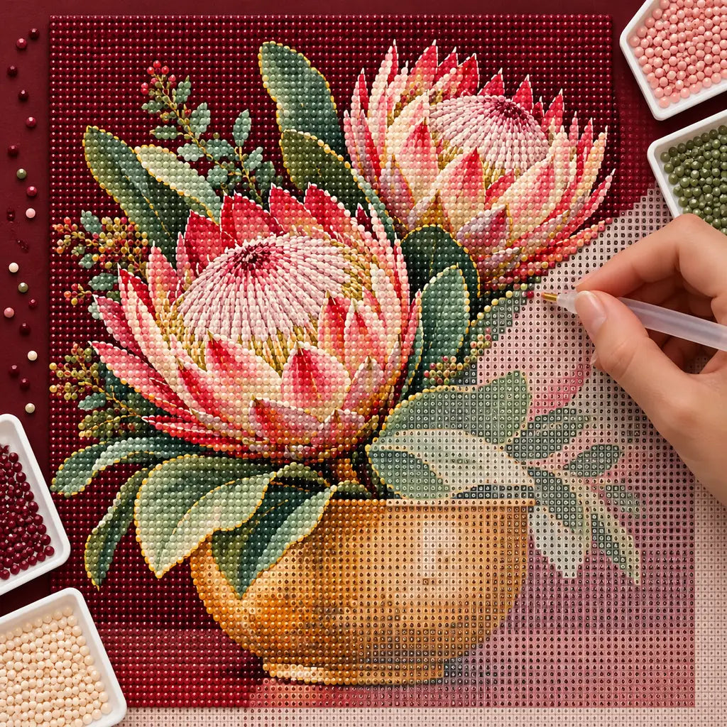 Hands-on diamond painting process for Proteas in an Ochre Vase Diamond Painting Kit