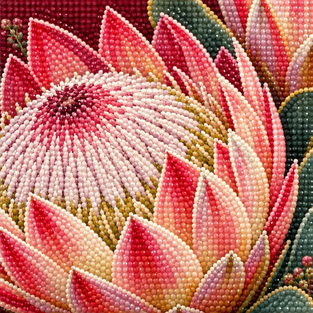 Close-up diamond drill detail for Proteas in an Ochre Vase Diamond Painting Kit