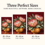 Size guide for Proteas in an Ochre Vase Diamond Painting Kit showing 20 × 30 cm, 30 × 40 cm, and 40 × 50 cm