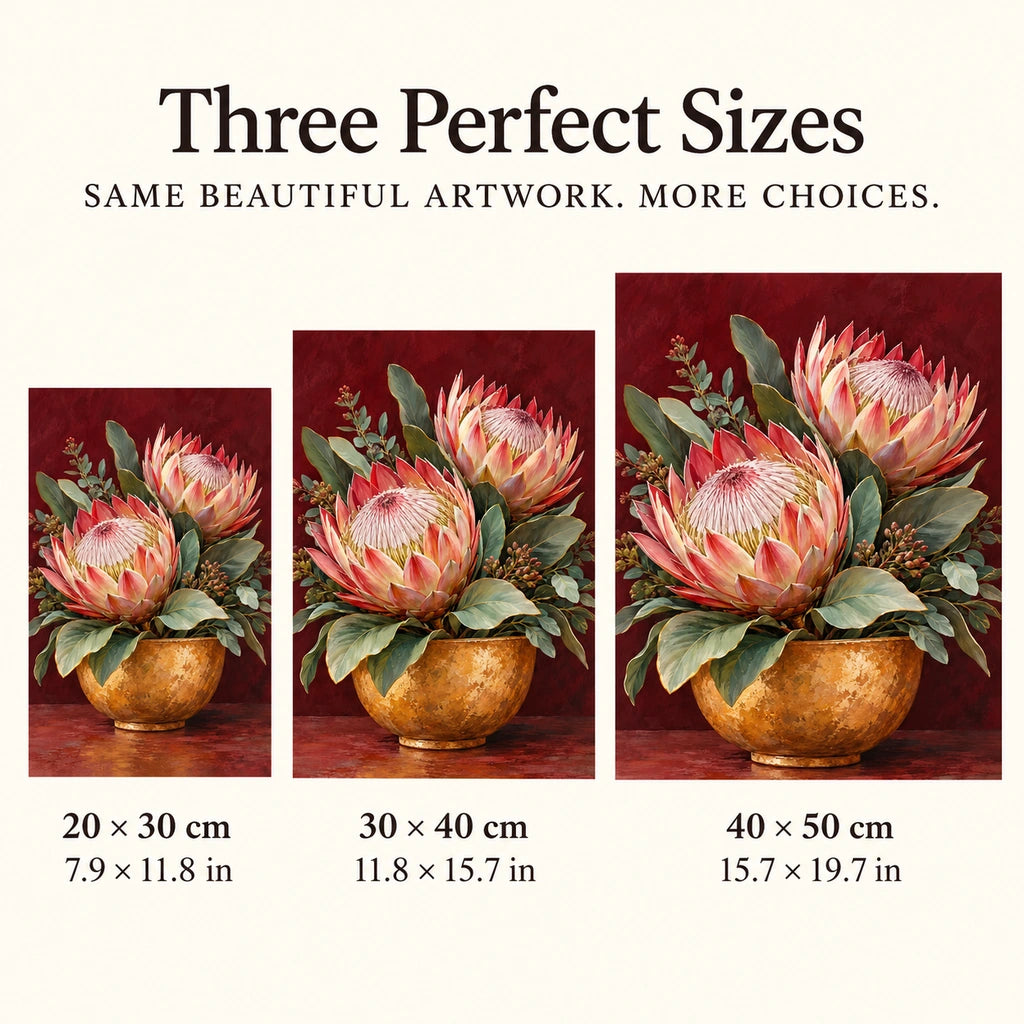 Size guide for Proteas in an Ochre Vase Diamond Painting Kit showing 20 × 30 cm, 30 × 40 cm, and 40 × 50 cm